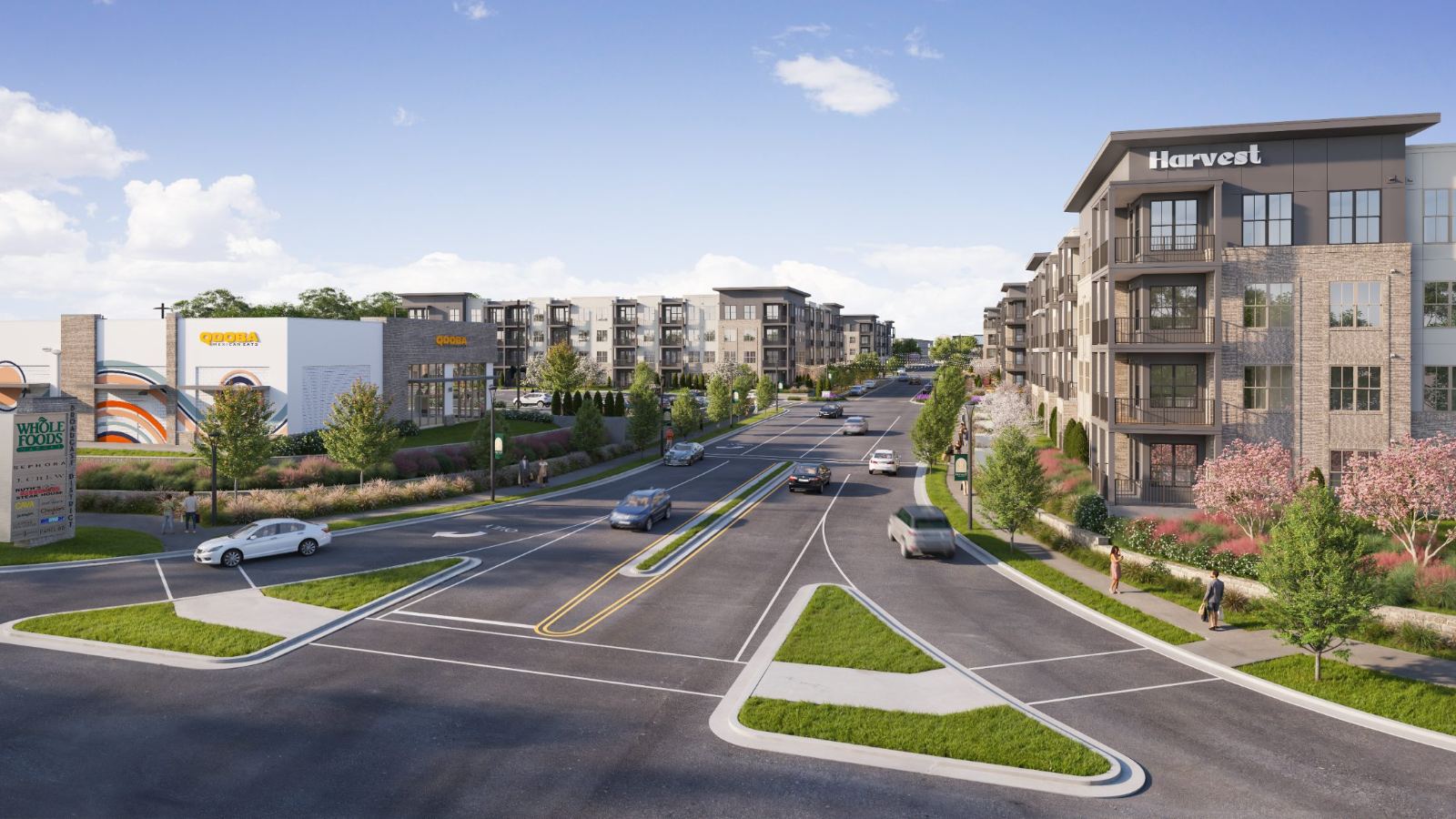 Harvest plaza with Empire Coffee and The Farm Table at golden hour